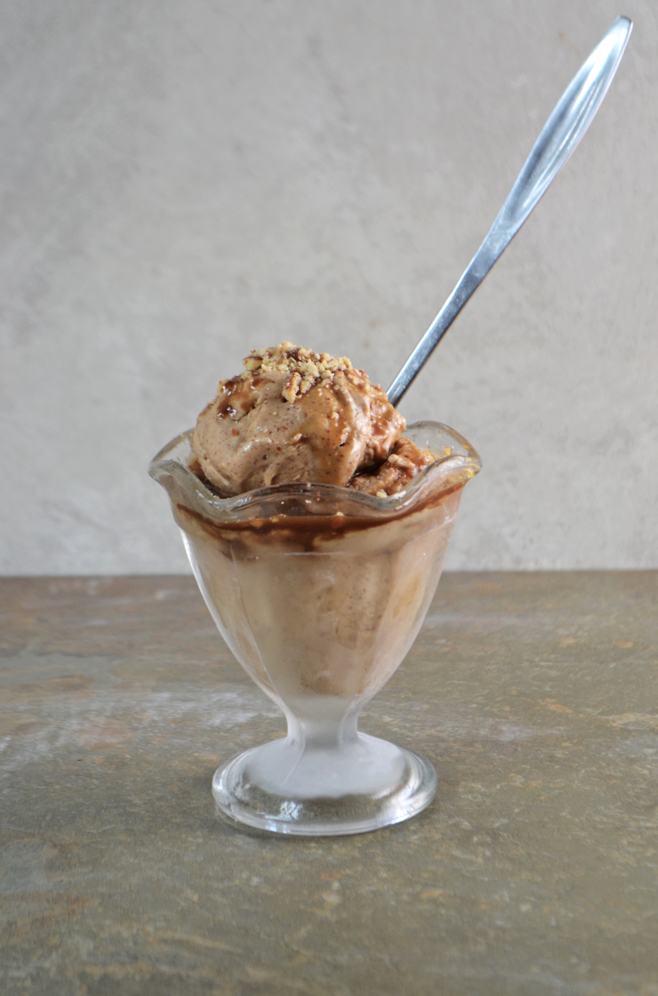 Almond Butter Ice Cream with Caramel Sauce (Vegan)