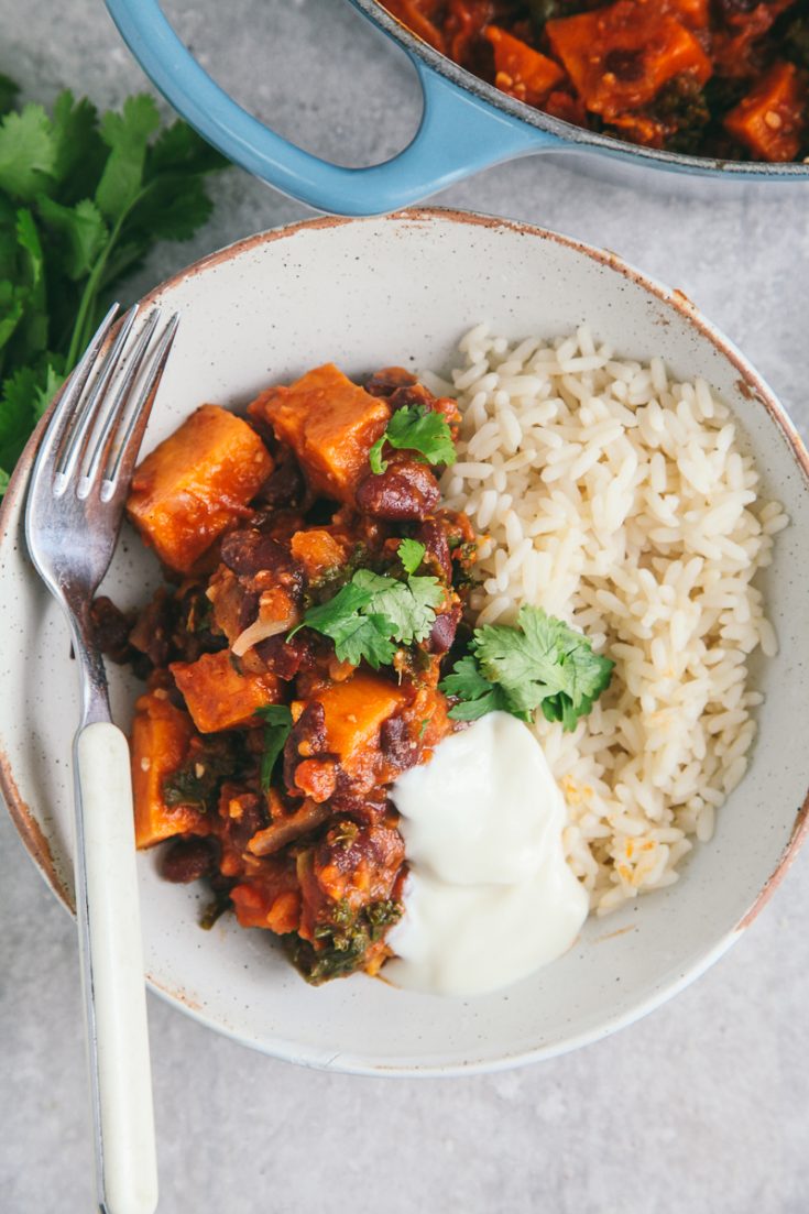 Spicy Bean & Sweet Potato Chilli with Kale Wallflower Kitchen