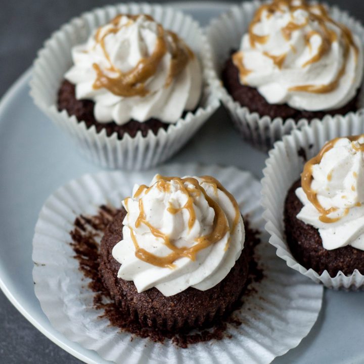 Flourless Chocolate Banana Cupcakes with Coconut Caramel Frosting