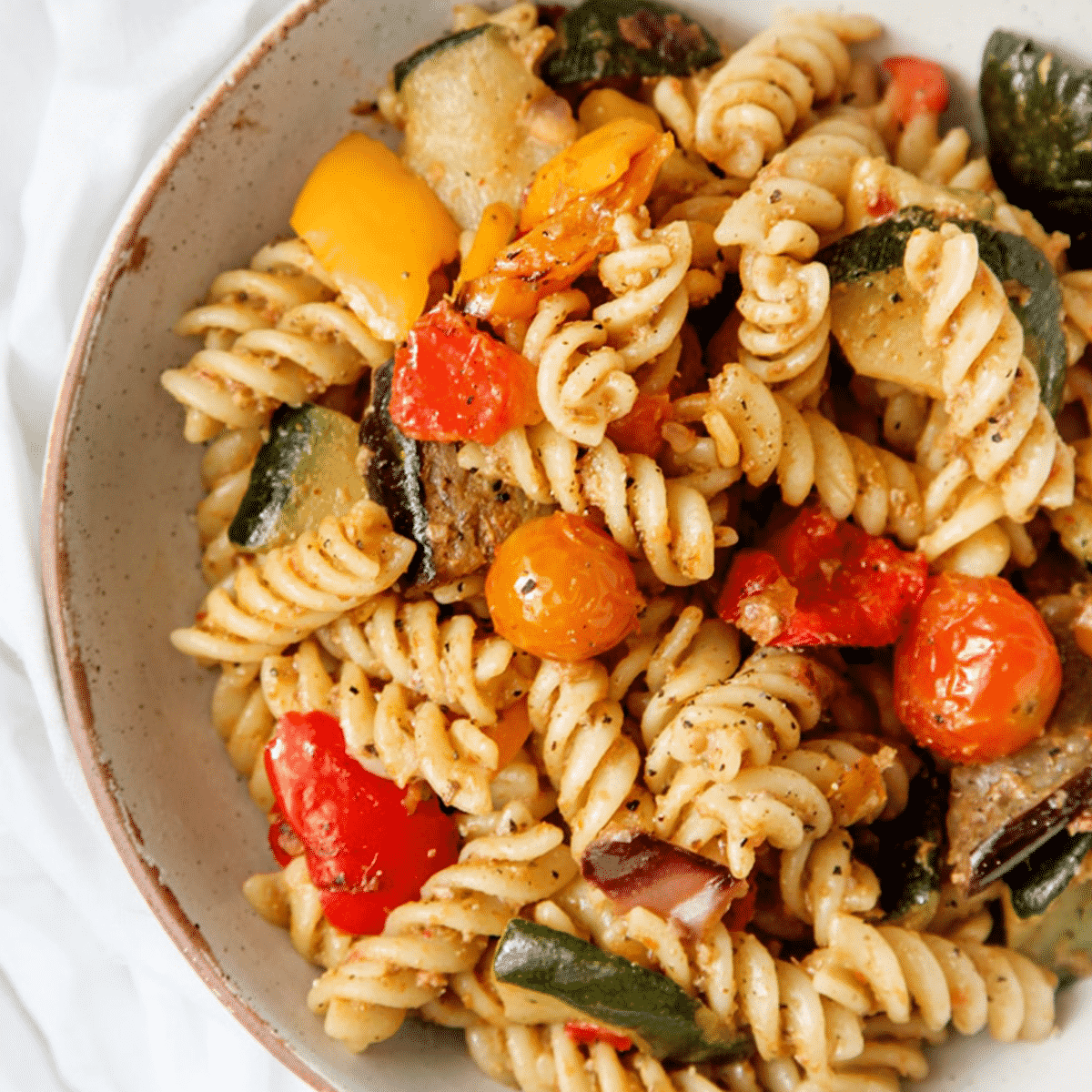 Veggie Pasta with Chargrilled Aubergine Pesto Wallflower Kitchen