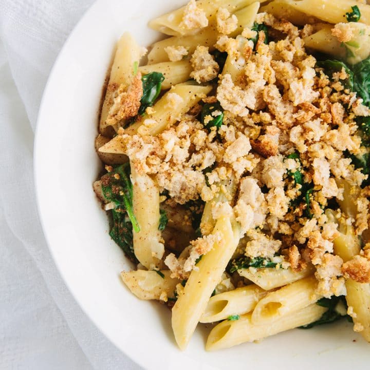 Vegan Pasta with Cheesy Garlic Breadcrumbs & Spinach