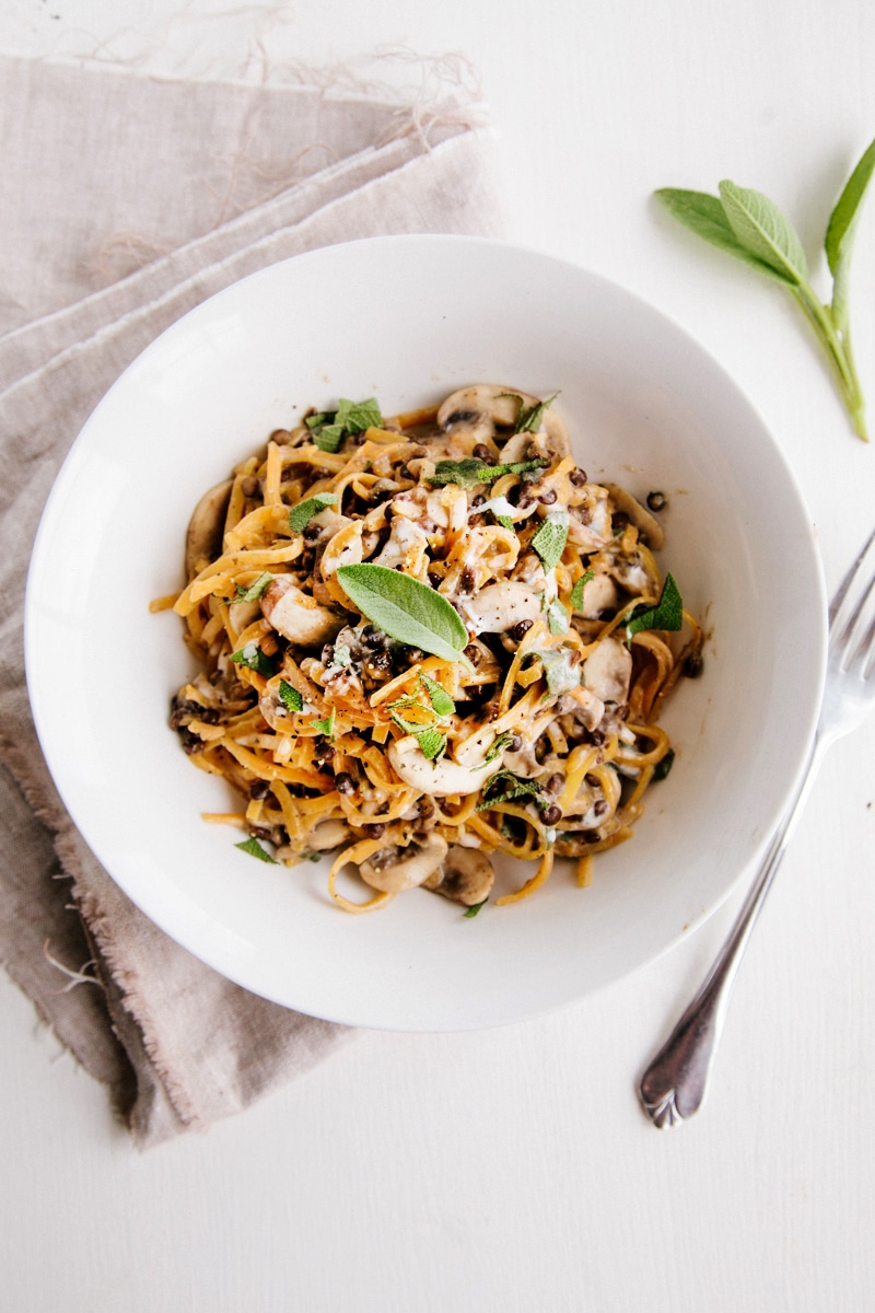 Butternut Noodles with Creamy Garlic Mushrooms & Lentils (Vegan + GF)