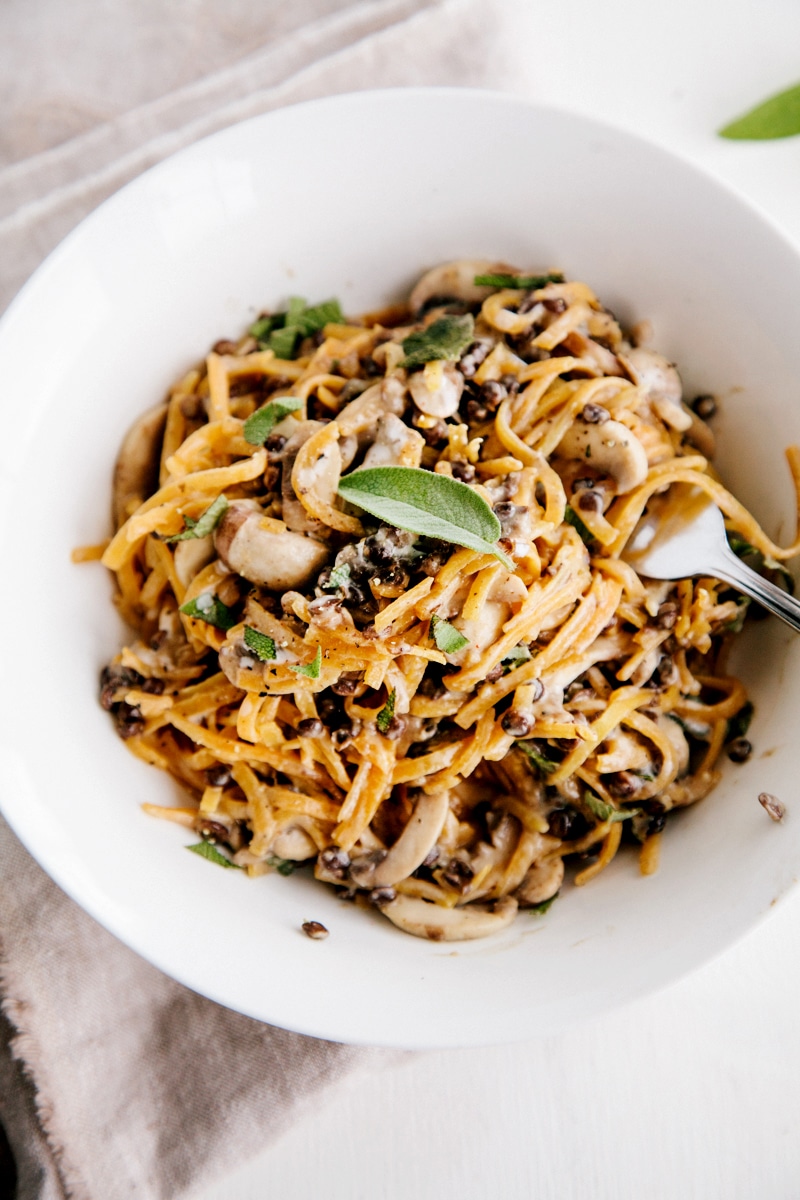 Spiralized Butternut Squash Noodles with Creamy Garlic Mushrooms & Lentils (Vegan + Gluten-Free)