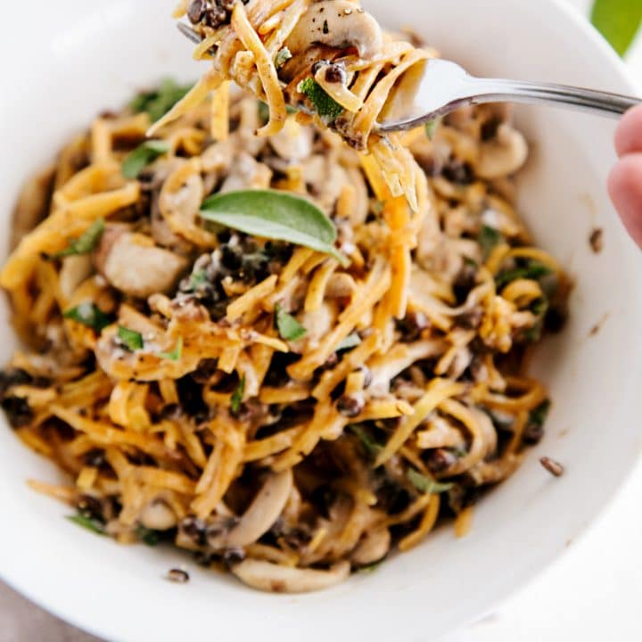 Butternut Noodles with Creamy Garlic Mushrooms & Lentils (Vegan + GF)