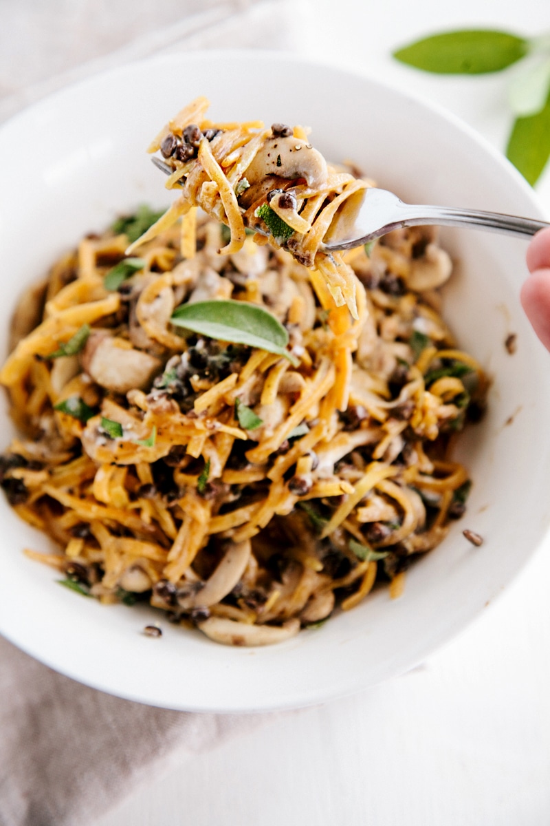 Butternut Noodles with Creamy Garlic Mushrooms & Lentils (Vegan + GF)