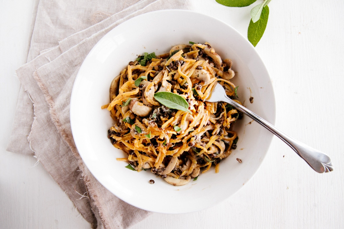 Butternut Noodles with Creamy Garlic Mushrooms & Lentils (Vegan + GF)
