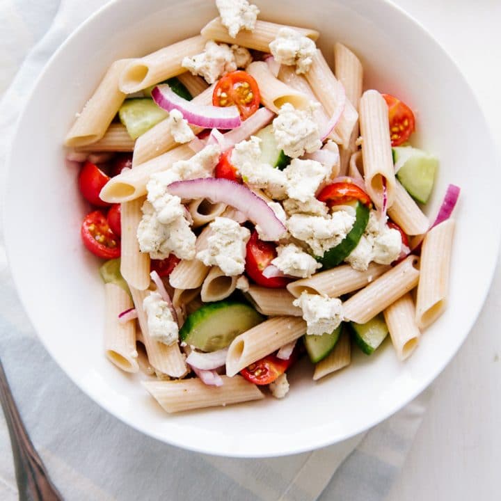 Greek Pasta Salad (Vegan + GF)