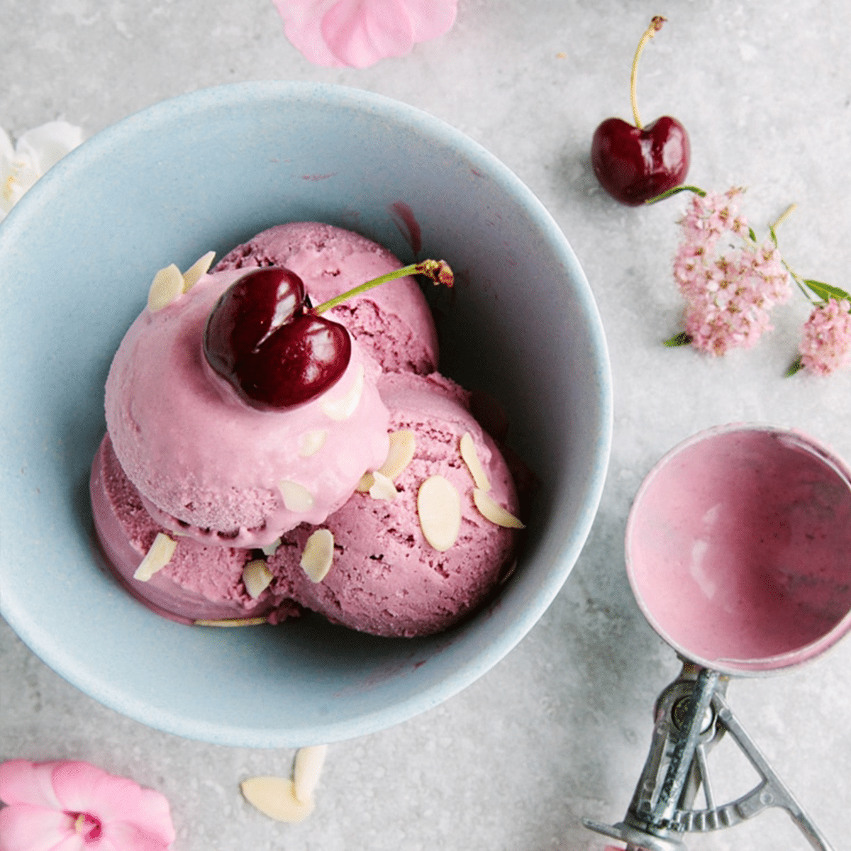Vegan Cherry Bakewell Ice Cream with cherries and almonds