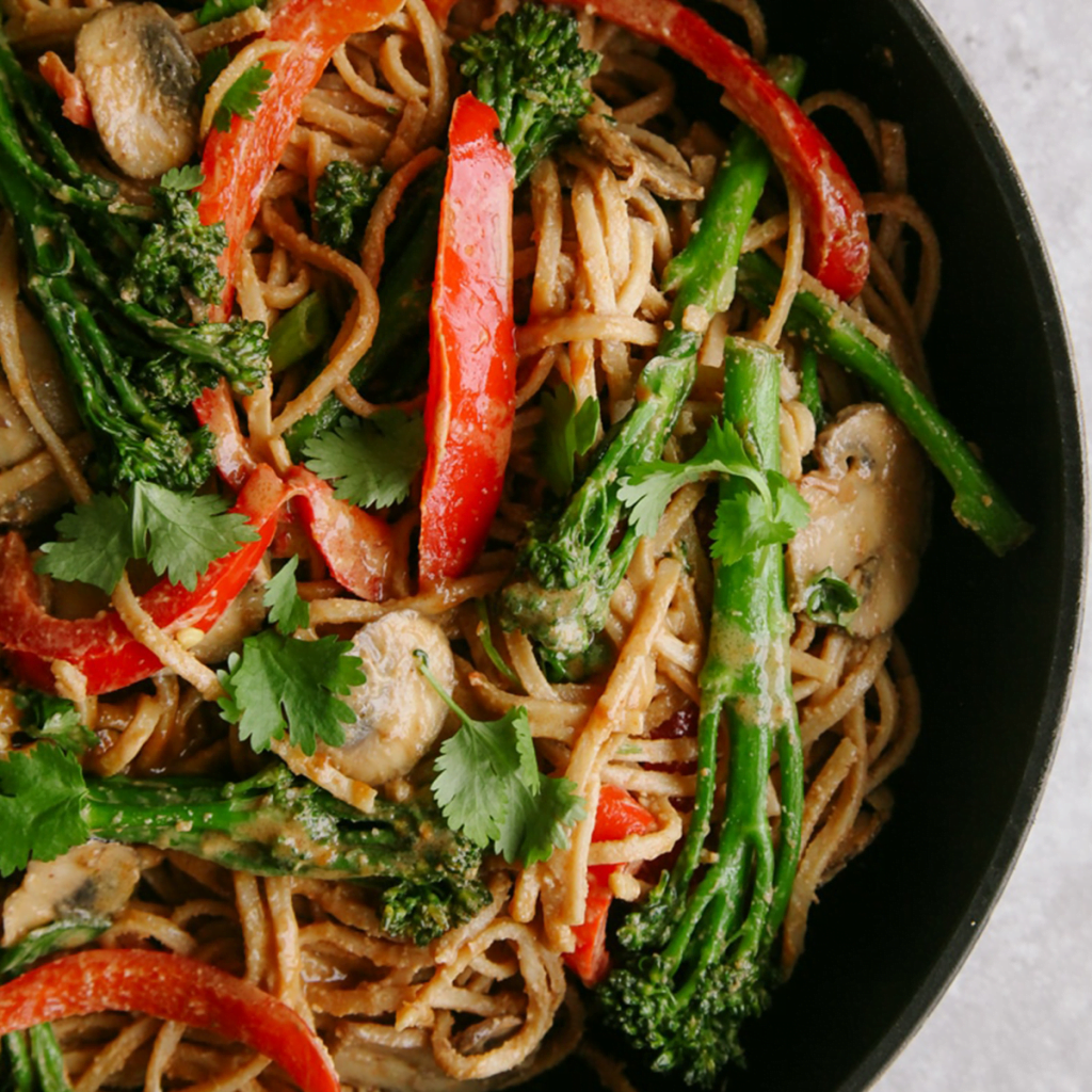 Vegan Spicy Peanut Noodle Stir Fry with Tenderstem Broccoli Wallflower Kitchen