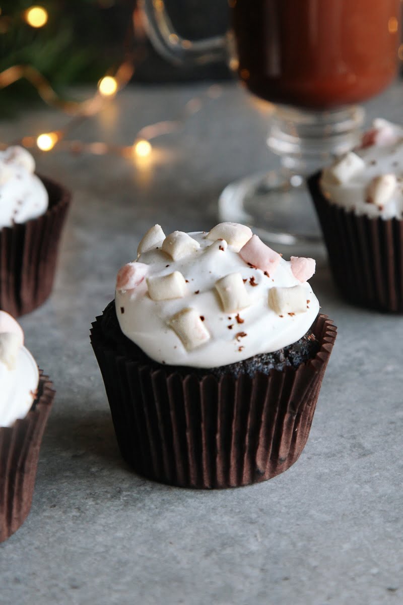 Hot Chocolate Cupcakes (Vegan) - Rich chocolate cupcakes topped with aquafaba marshmallow frosting!