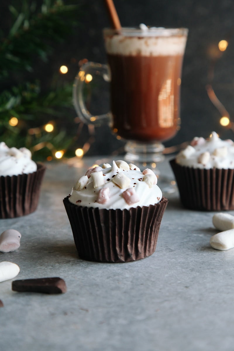 Hot Chocolate Cupcakes (Vegan) - Rich chocolate cupcakes topped with aquafaba marshmallow frosting!