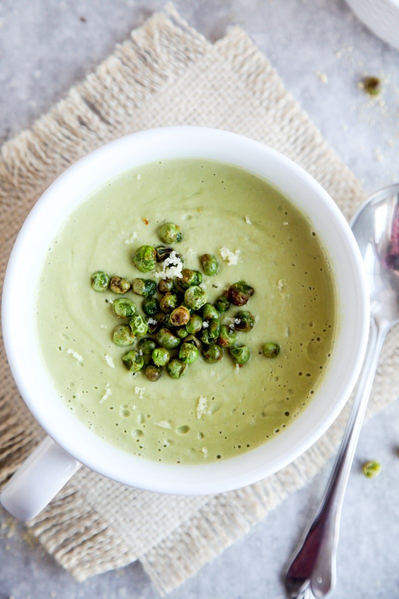 Cheesy Pea Soup with Roasted Pea Croutons (Vegan)