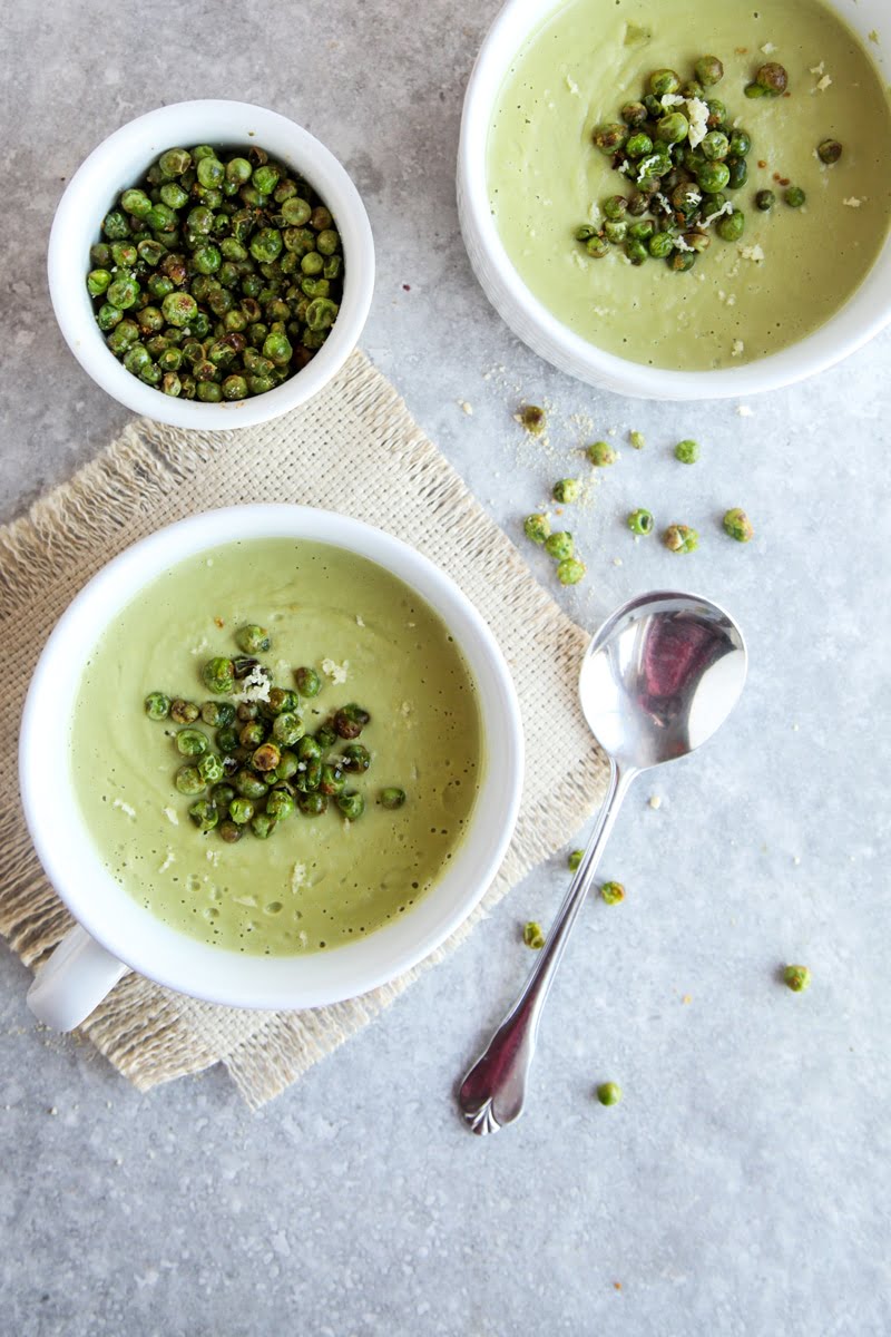 Cheesy Pea Soup with Roasted Pea Croutons (Vegan)