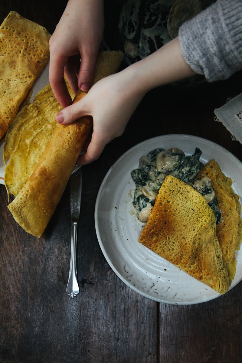 Savoury Chickpea Crepes with Creamy Mushrooms & Spinach (Vegan + GF)