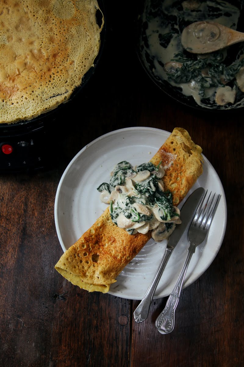 Savoury Chickpea Crepes with Creamy Mushrooms & Spinach (Vegan + GF)