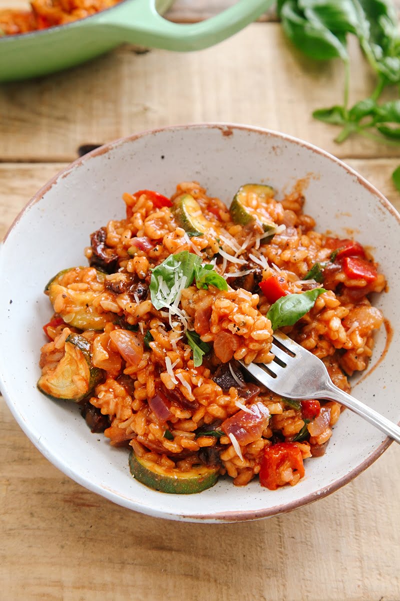 Tomato & Roasted Mediterranean Vegetable Risotto (Vegan)