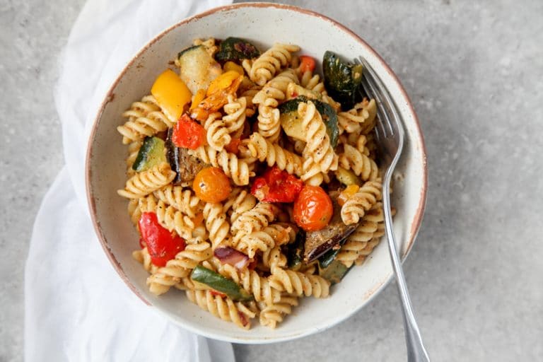 Veggie Pasta with Chargrilled Aubergine Pesto Wallflower Kitchen