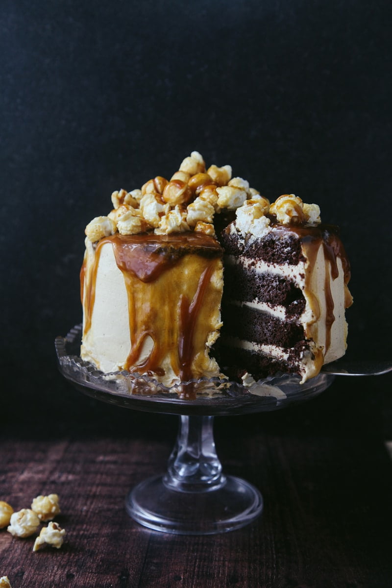 Chocolate Caramel Popcorn Cake (Vegan)