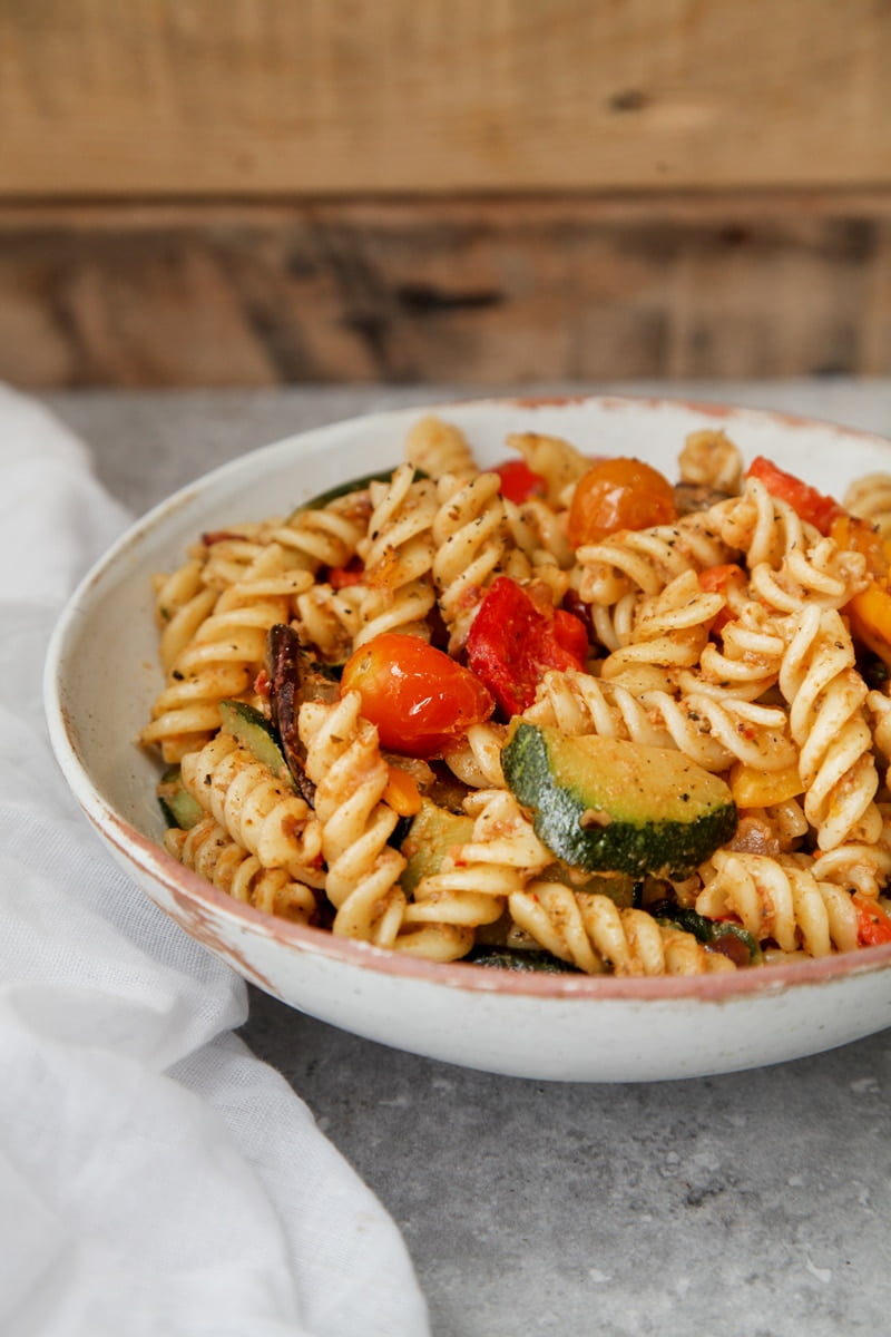 Veggie Pasta with Char-grilled Aubergine Pesto (Vegan + GF)