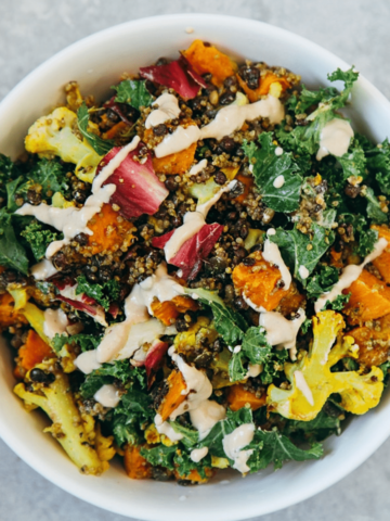 High Protein Vegan Salad with Squash Cauliflower Lentils and Tahini Dressing