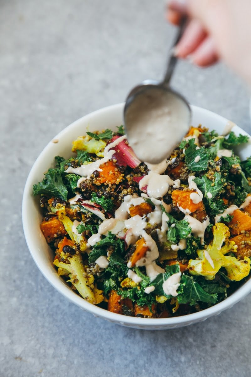 Roasted Five-a-Day Salad with Tahini Garlic Dressing #vegan #glutenfree #healthy #recipe #lunch #vegetarian