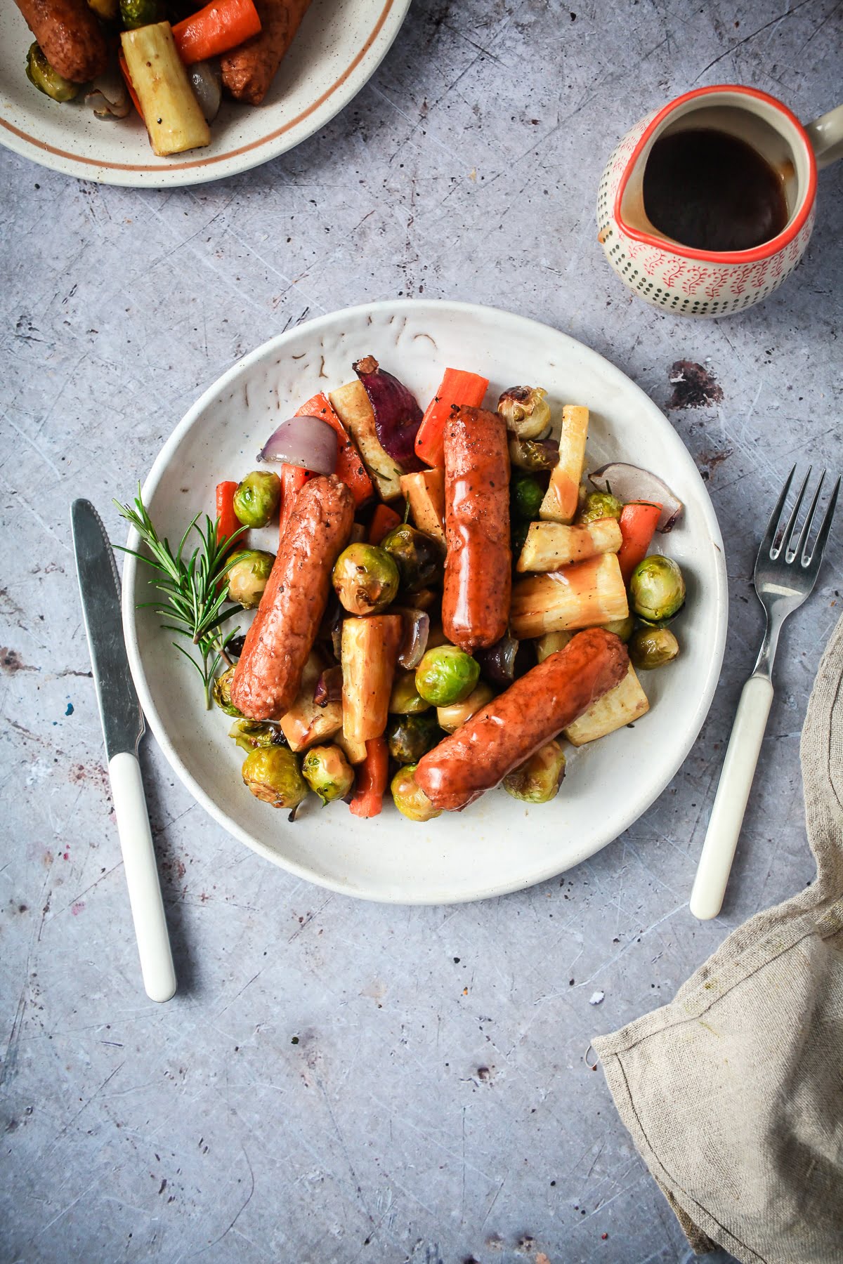 Vegan Christmas Veg & Sausage Traybake - Wallflower Kitchen