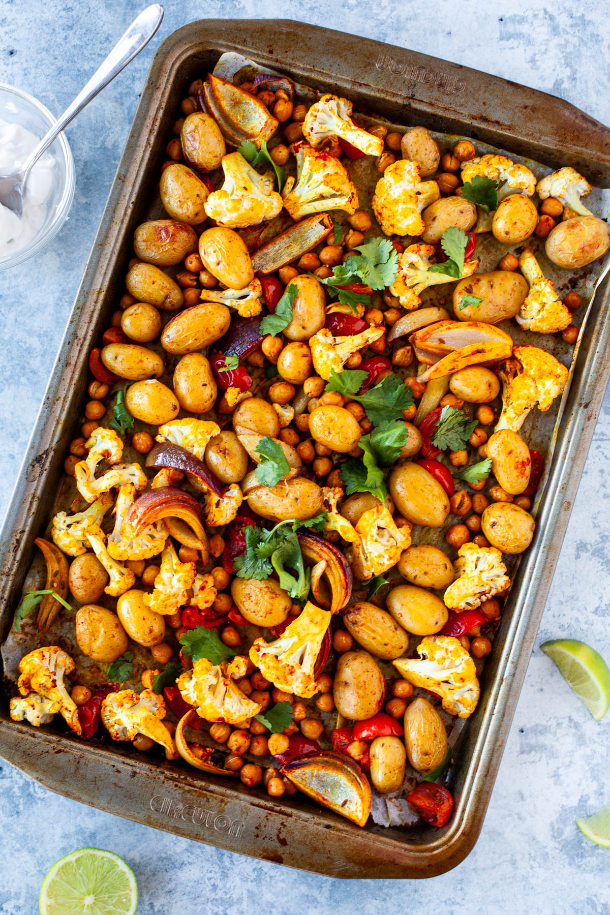 Easy Aloo Gobi Traybake with Chickpeas & Coconut Yoghurt (Vegan and Gluten-free) 